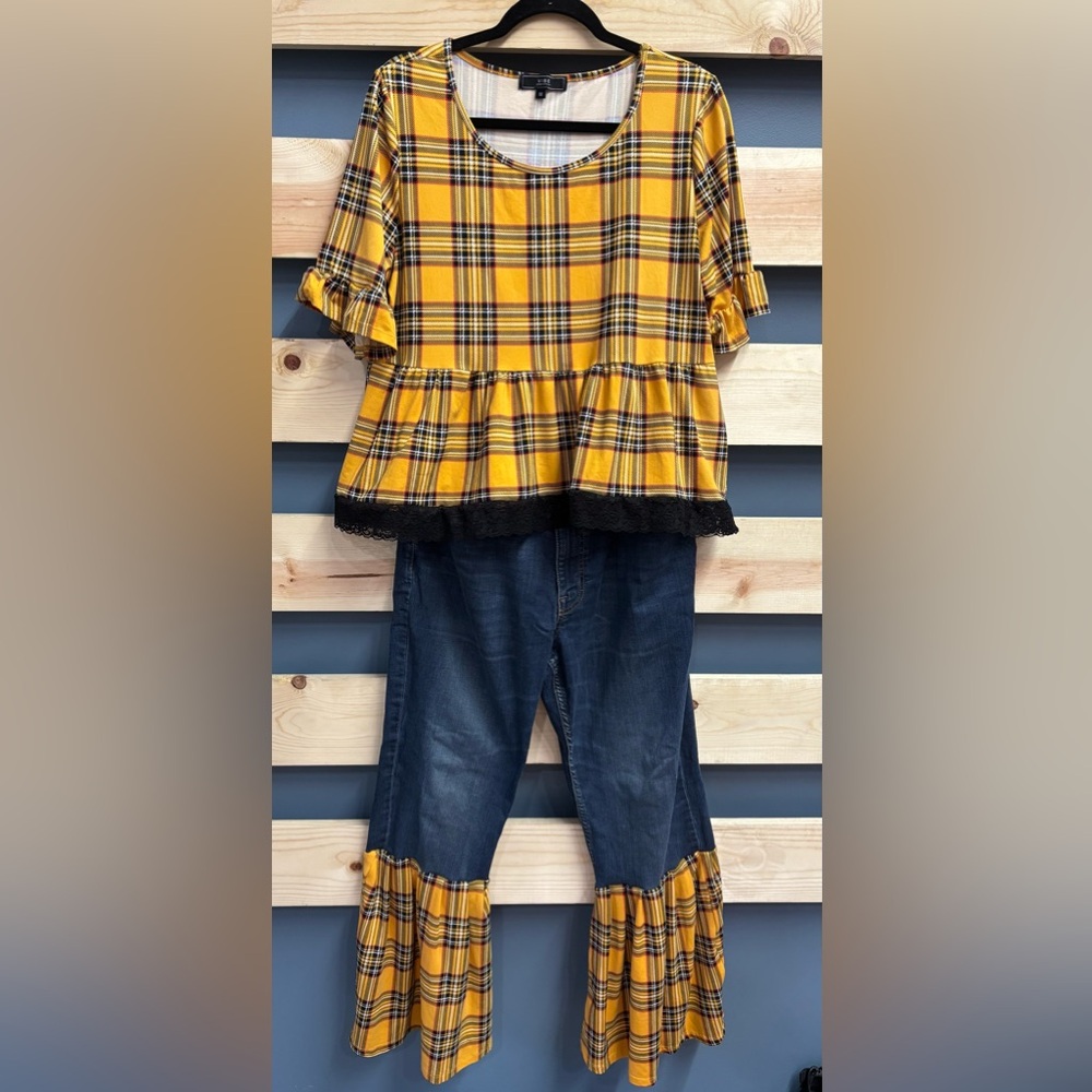 Yellow Plaid and Denim Flare Jeans